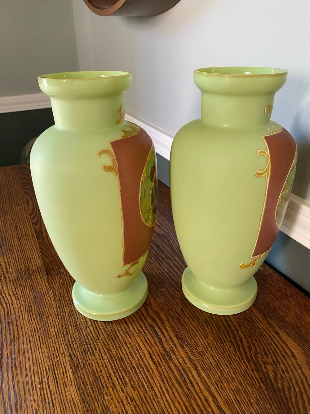 Early 20th Century French Mint Green Art Glass Vases Hand Painted Raised Gilt